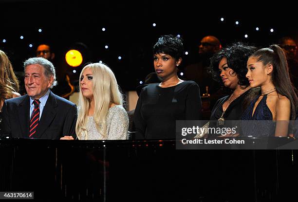 Recording artists Tony Bennett, Lady Gaga, Jennifer Hudson, Jill Scott and Ariana Grande perform onstage during Stevie Wonder: Songs In The Key Of...