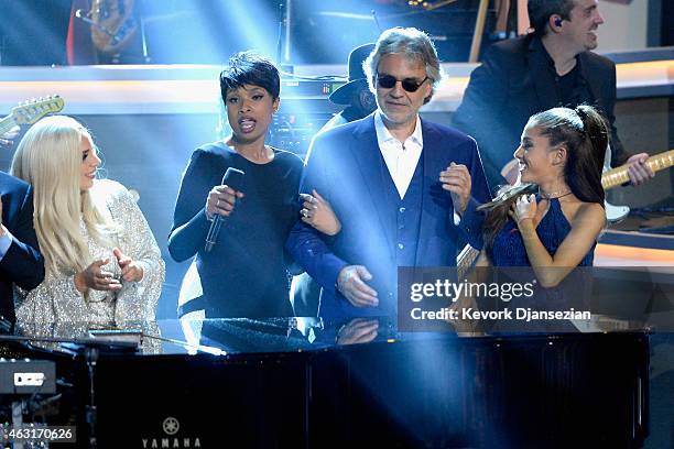 Recording artists Lady Gaga, Jennifer Hudson, Andrea Bocelli and Ariana Grande perform onstage during Stevie Wonder: Songs In The Key Of Life - An...