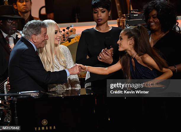 Recording artists Tony Bennett, Lady Gaga, Jennifer Hudson and Ariana Grande perform onstage during Stevie Wonder: Songs In The Key Of Life - An...