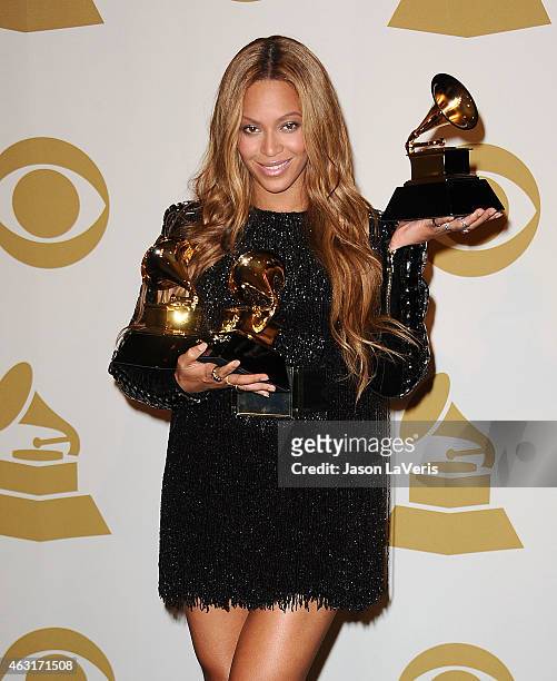 Beyonce poses in the press room at the 57th GRAMMY Awards at Staples Center on February 8, 2015 in Los Angeles, California.