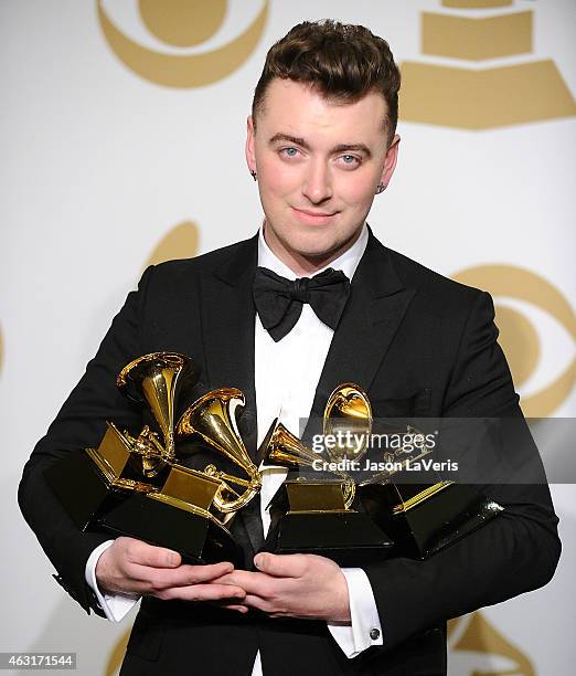 Singer Sam Smith poses in the press room at the 57th GRAMMY Awards at Staples Center on February 8, 2015 in Los Angeles, California.