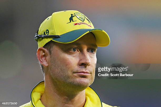 Michael Clarke of Australia looks on during the Cricket World Cup warm up match between Australia and the United Arab Emirates at Melbourne Cricket...
