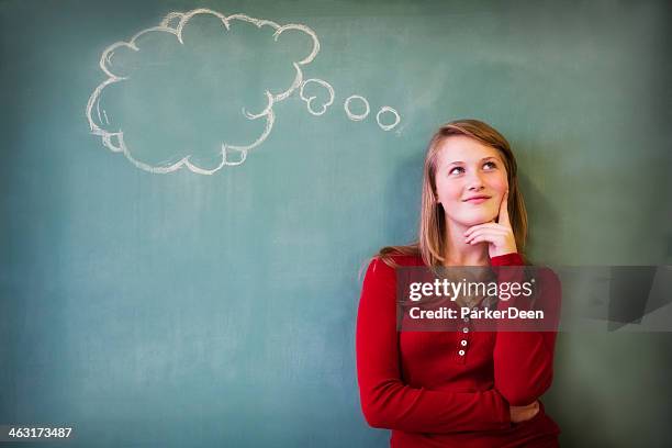 cute teen girl with blank thought bubble - thinking bubble stock pictures, royalty-free photos & images