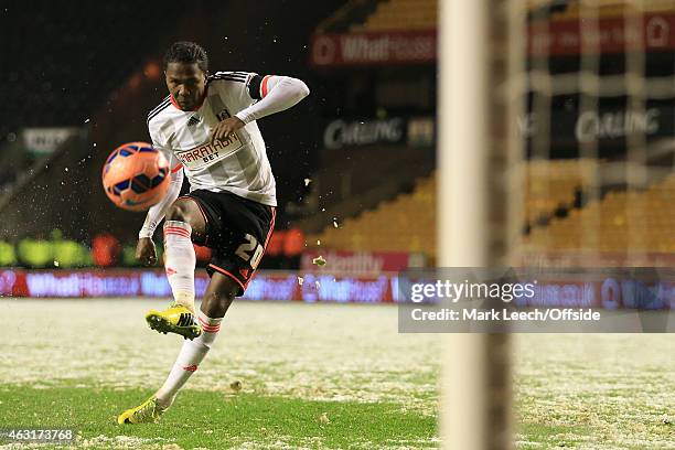 Hugo Rodallega of Fulham scores the winning penalty in the shootout during the FA Cup Third Round Replay match between Wolverhampton Wanderers and...