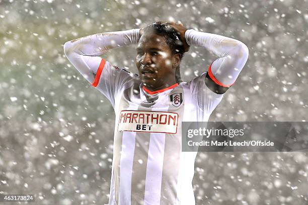 Hugo Rodallega of Fulham looks dejected in a snow blizzard during the FA Cup Third Round Replay match between Wolverhampton Wanderers and Fulham at...