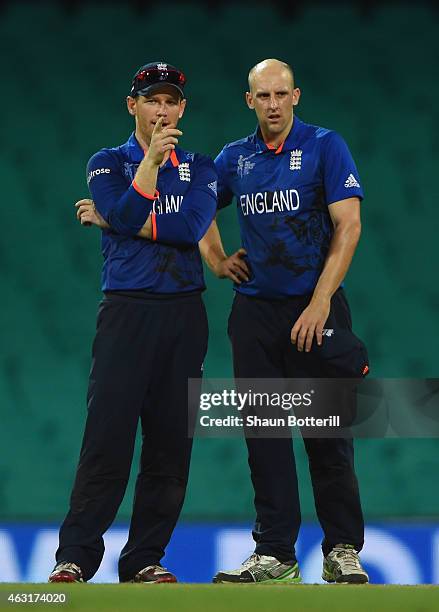 England captain Eoin Morgan discusses field settings with James Tredwell during the ICC Cricket World Cup warm up match between England and Pakistan...