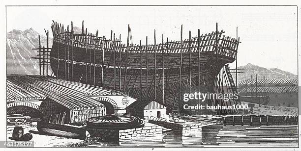 engraving: ship on the stocks - shipbuilder stock illustrations