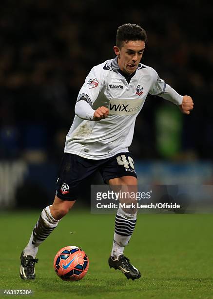 Zach Clough of Bolton in action during the FA Cup Fourth Round Replay match between Bolton Wanderers and Liverpool at the Macron Stadium on February...