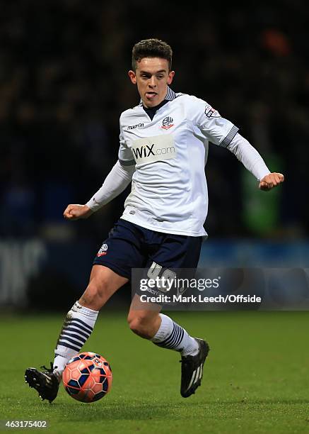 Zach Clough of Bolton in action during the FA Cup Fourth Round Replay match between Bolton Wanderers and Liverpool at the Macron Stadium on February...