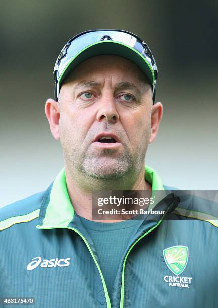 Darren Lehmann, coach of Australia looks on during the Cricket World Cup warm up match between Australia and the United Arab Emirates at Melbourne...