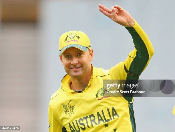 Michael Clarke of Australia gestures in the field during the Cricket World Cup warm up match between Australia and the United Arab Emirates at...