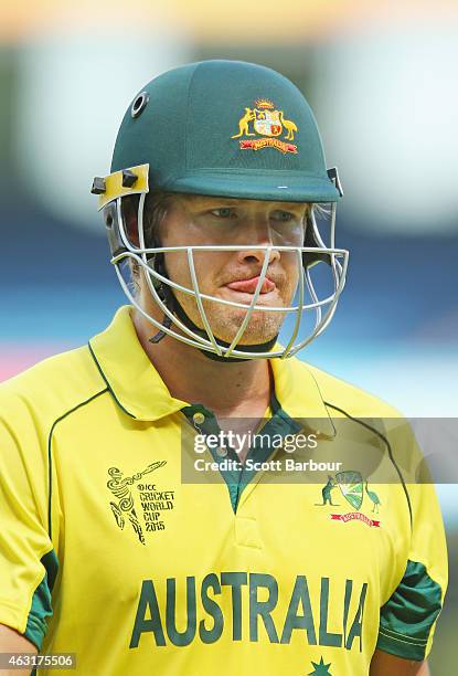 Shane Watson of Australia leaves the field after being dismissed during the Cricket World Cup warm up match between Australia and the United Arab...