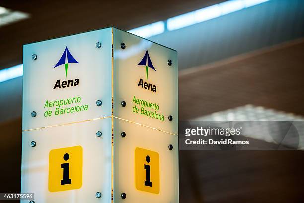 The Aena logo is seen at an information desk at Aena operated Barcelona - El Prat International Airport on February 10, 2015 in Barcelona, Spain....