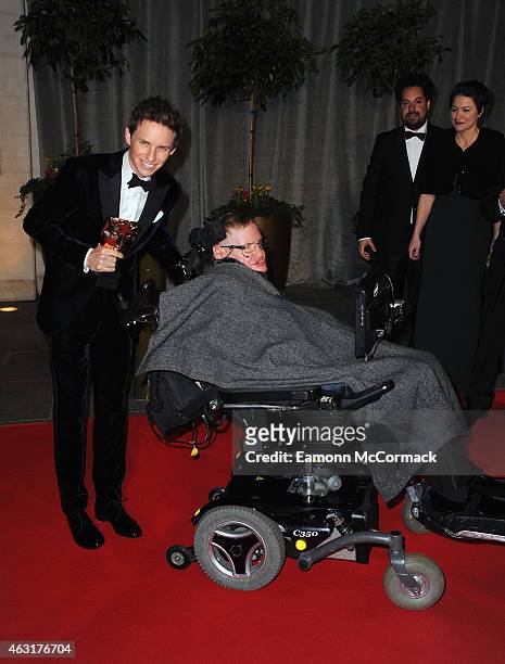 Eddie Redmayne and Professor Stephen Hawking attend the after party for the EE British Academy Film Awards at The Grosvenor House Hotel on February...