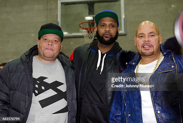 Shawn 'Pecas' Costner, CC Sabathia, and Fat Joe attend the 2015 Celebrity All Star Basketball Game at Baruch College on February 10, 2015 in New York...