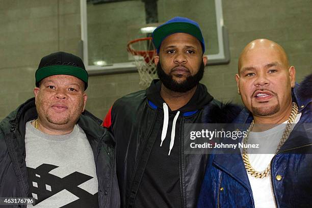 Shawn 'Pecas' Costner, CC Sabathia, and Fat Joe attend the 2015 Celebrity All Star Basketball Game at Baruch College on February 10, 2015 in New York...