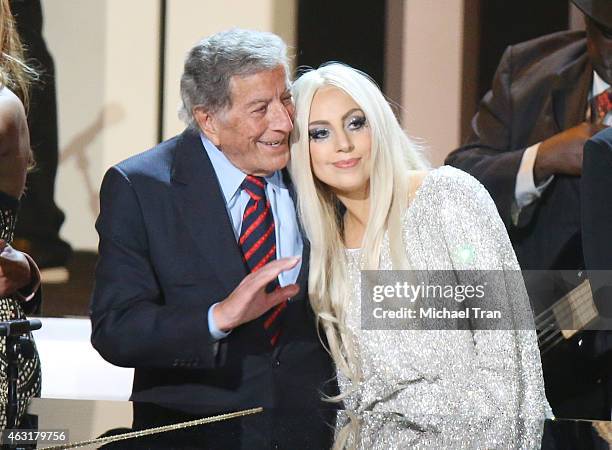 Tony Bennett and Lady Gaga onstage during the Stevie Wonder: Songs In The Key Of Life - An All-Star GRAMMY Salute held at Nokia Theatre L.A. Live on...