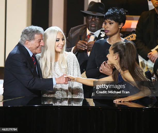 Tony Bennett, Lady Gaga, Jennifer Hudson and Ariana Grande onstage during the Stevie Wonder: Songs In The Key Of Life - An All-Star GRAMMY Salute...