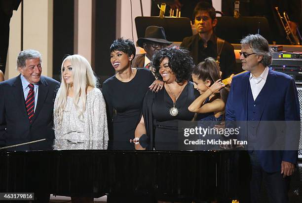 Tony Bennett, Lady Gaga, Jennifer Hudson, Jill Scott, Ariana Grande and Andrea Bocelli onstage during the Stevie Wonder: Songs In The Key Of Life -...