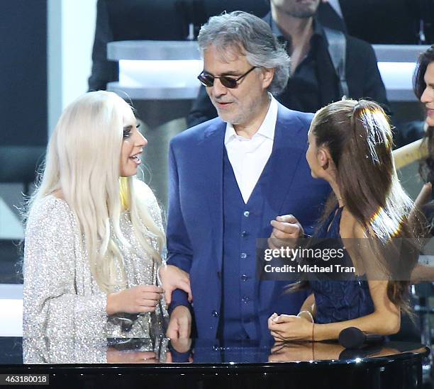 Lady Gaga, Andrea Bocelli and Ariana Grande onstage during the Stevie Wonder: Songs In The Key Of Life - An All-Star GRAMMY Salute held at Nokia...