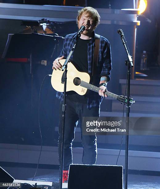 Ed Sheeran performs onstage during the Stevie Wonder: Songs In The Key Of Life - An All-Star GRAMMY Salute held at Nokia Theatre L.A. Live on...