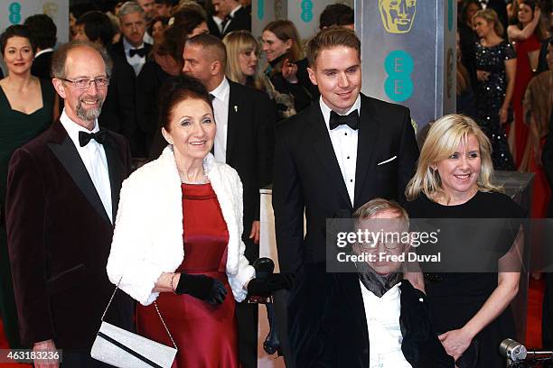 Stephen Hawking, Jane Wilde Hawking and family attend the EE British Academy Film Awards at The Royal Opera House on February 8, 2015 in London,...