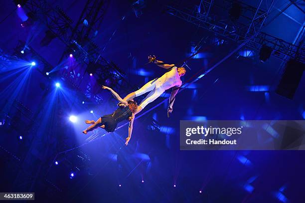 In this handout image provided by Monaco Centre de Presse, 'Desire of Flight' perform during the 38th International Circus Festival on January 16,...