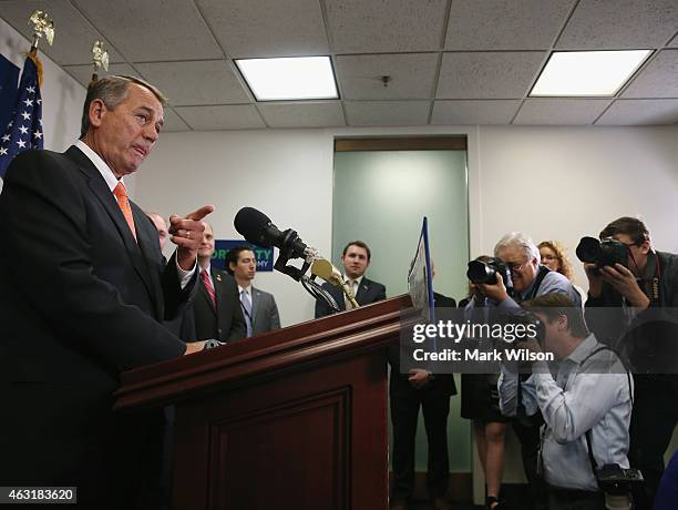 House Speaker John Boehner speaks to the media during a news conference at the U.S. Capitol, February 11, 2015 in Washington, DC. Speaker Boehner...