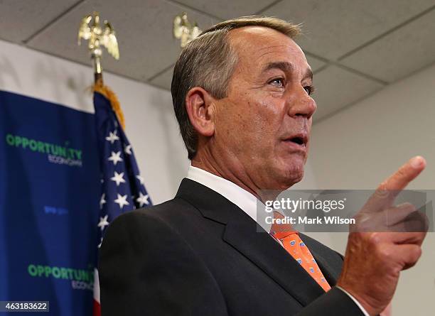House Speaker John Boehner speaks to the media during a news conference at the U.S. Capitol, February 11, 2015 in Washington, DC. Speaker Boehner...