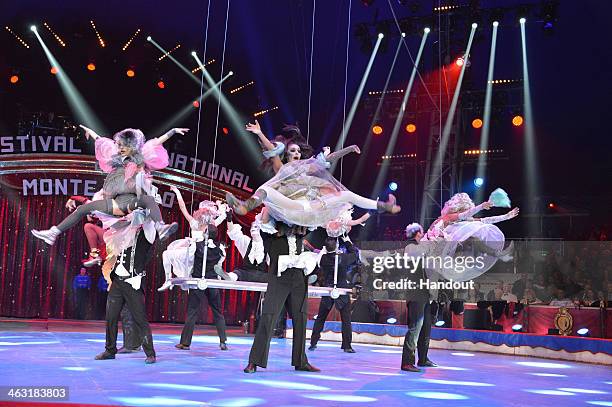 In this handout image provided by Monaco Centre de Presse, 'Vavilov' perform during the 38th International Circus Festival on January 16, 2014 in...