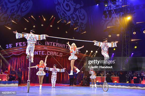 In this handout image provided by Monaco Centre de Presse, attend the 38th International Circus Festival on January 16, 2014 in Monte-Carlo, Monaco.