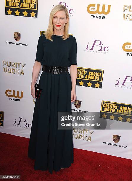 Cate Blanchett arrives at the 19th Annual Critics' Choice Movie Awards at Barker Hangar on January 16, 2014 in Santa Monica, California.