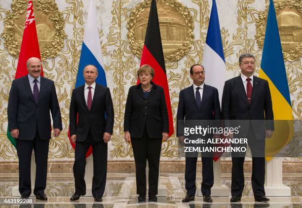 Belarus President Alexander Lukashenko, Russian President Vladimir Putin, German Chancellor Angela Merkel, France's President Francois Hollande and...