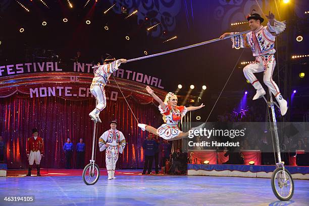 In this handout image provided by Monaco Centre de Presse, 'The Faltiny' perform during the 38th International Circus Festival on January 16, 2014 in...