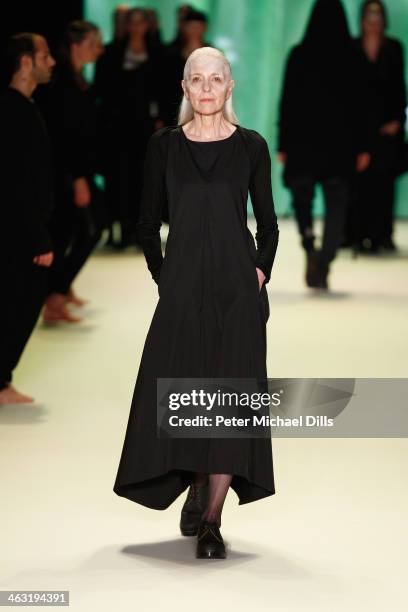 Model walks the runway at the Umasan show during Mercedes-Benz Fashion Week Autumn/Winter 2014/15 at Brandenburg Gate on January 17, 2014 in Berlin,...