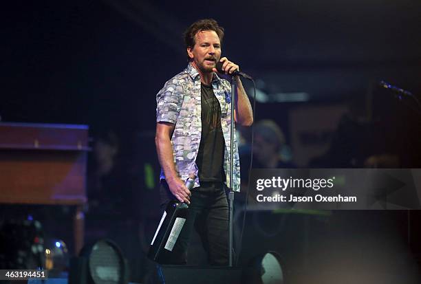 Eddie Vedder of Pearl Jam performs live for fans during the 2014 Big Day Out Festival at Western Springs on January 17, 2014 in Auckland, New Zealand.