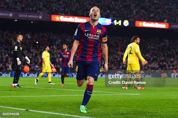 Andres Iniesta of FC Barcelona celebrates after scoring his team's second goal during the Copa del Rey Semi-Final first leg match between FC...