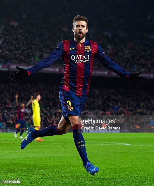 Gerard Pique of FC Barcelona celebrates after scoring his team's third goal during the Copa del Rey Semi-Final first leg match between FC Barcelona...