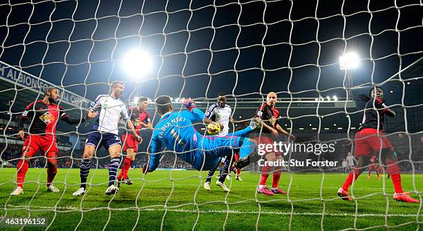 Swansea goalkeeper Lukasz Fabianski makes a goaline save during the Barclays Premier League match between West Bromwich Albion and Swansea City at...