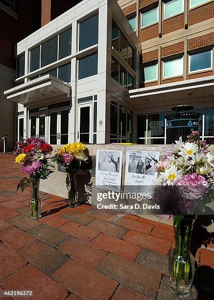 Flowers sit outside the University of North Carolina School of Dentistry in recognition of dentistry student Deah Shaddy Barakat his new wife Yusor...