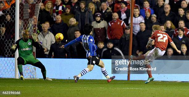 Chris Burke of Nottingham scores the second goal during the Sky Bet Championship match between Nottingham Forest and Wigan Athletic at City Ground on...