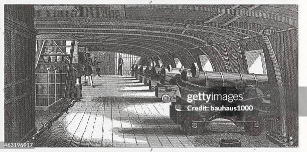 engraving: starboard battery - observation deck stock illustrations