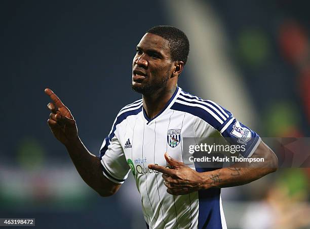 Brown Ideye of West Brom celebrates scoring the opening goal during the Barclays Premier League match between West Bromwich Albion and Swansea City...