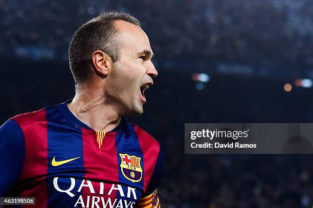 Andres Iniesta of FC Barcelona celebrates after scoring his team's second goal during the Copa del Rey Semi-Final first leg match between FC...