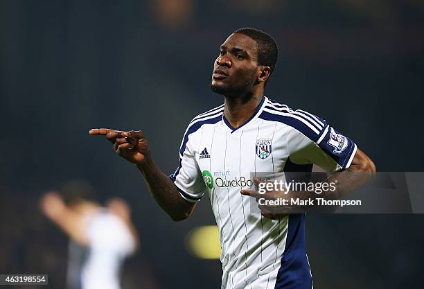 Brown Ideye of West Brom celebrates scoring the opening goal during the Barclays Premier League match between West Bromwich Albion and Swansea City...