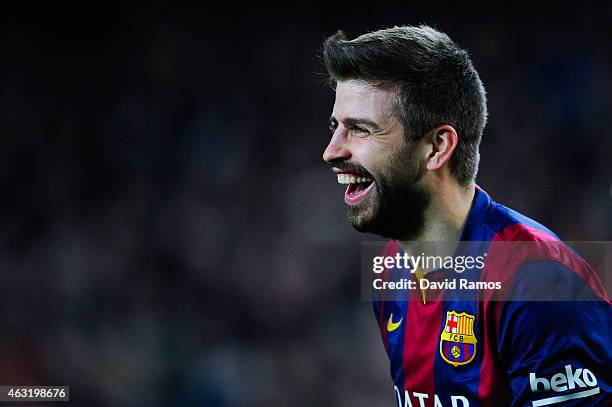 Gerard Pique of FC Barcelona celebrates after scoring his team's third goal during the Copa del Rey Semi-Final first leg match between FC Barcelona...