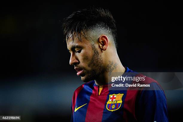 Neymar of FC Barcelona looks on during the Copa del Rey Semi-Final first leg match between FC Barcelona and Villarreal CF at Camp Nou on February 11,...