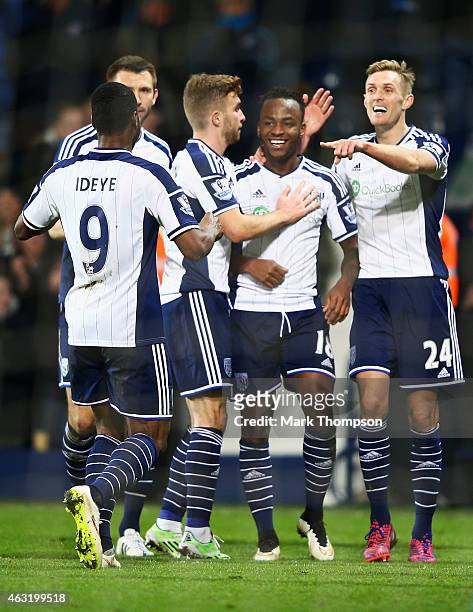 Saido Berahino of West Brom celebrates his goal with team mates during the Barclays Premier League match between West Bromwich Albion and Swansea...