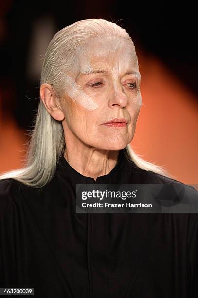 Model walks the runway at the Umasan show during Mercedes-Benz Fashion Week Autumn/Winter 2014/15 at Brandenburg Gate on January 17, 2014 in Berlin,...