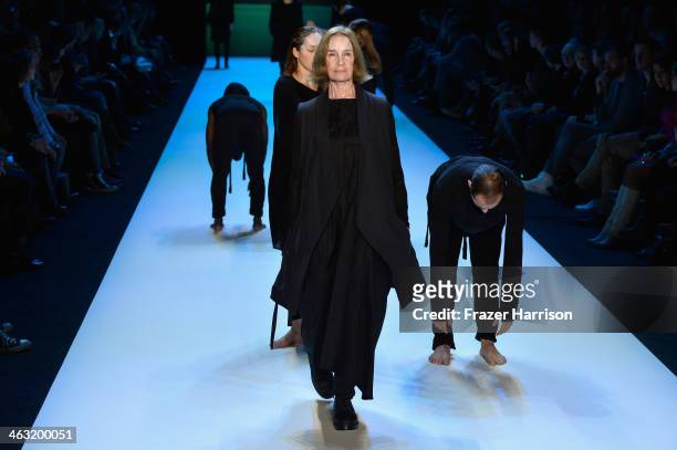 Model walks the runway at the Umasan show during Mercedes-Benz Fashion Week Autumn/Winter 2014/15 at Brandenburg Gate on January 17, 2014 in Berlin,...